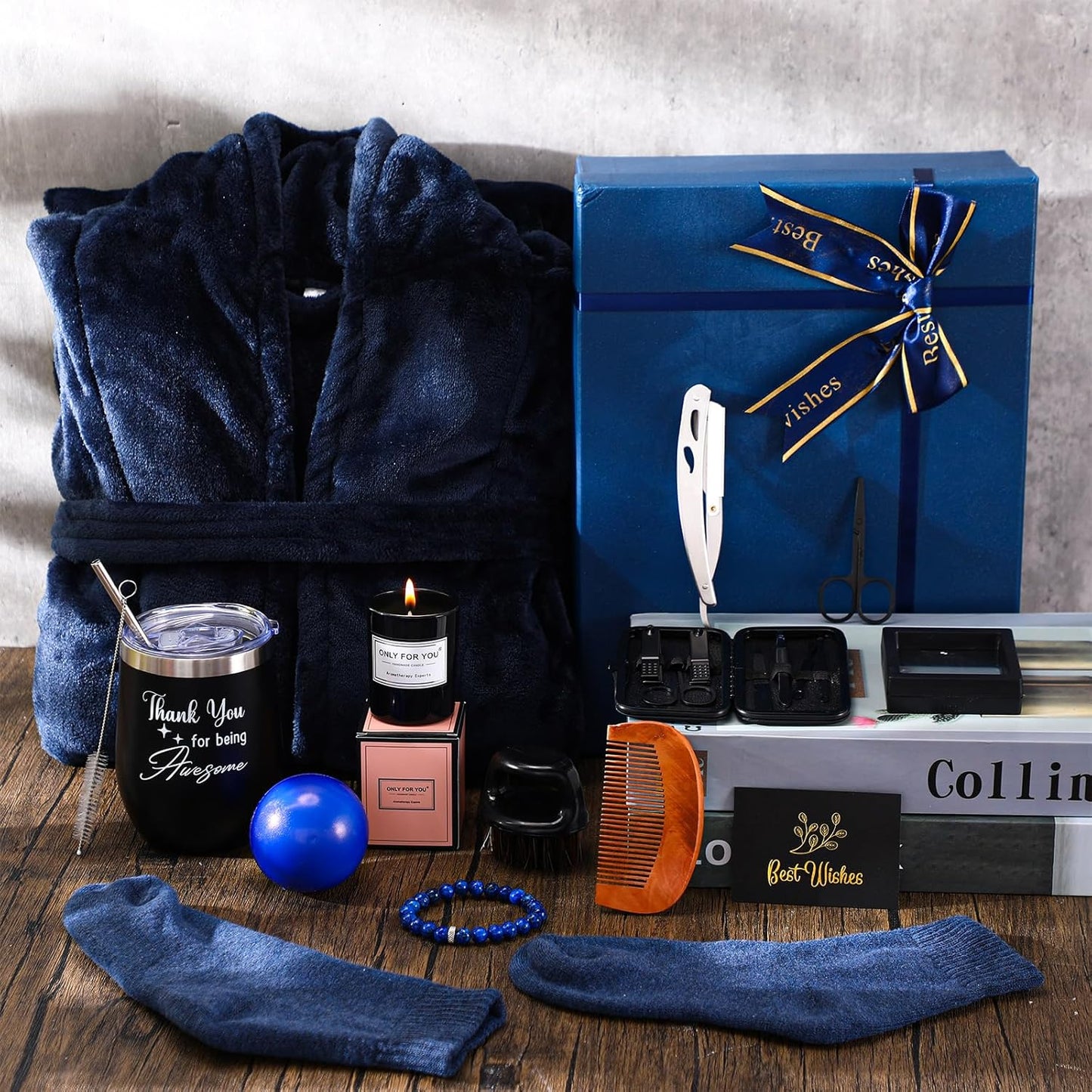 15 Pcs Birthday Gifts for Men Beard Care Set for Him Christmas Gifts Basket Ideas Kit for Men Tumbler Bath Robe for Dad Husband Boyfriend Box Christmas Gifts Baskets(Navy)