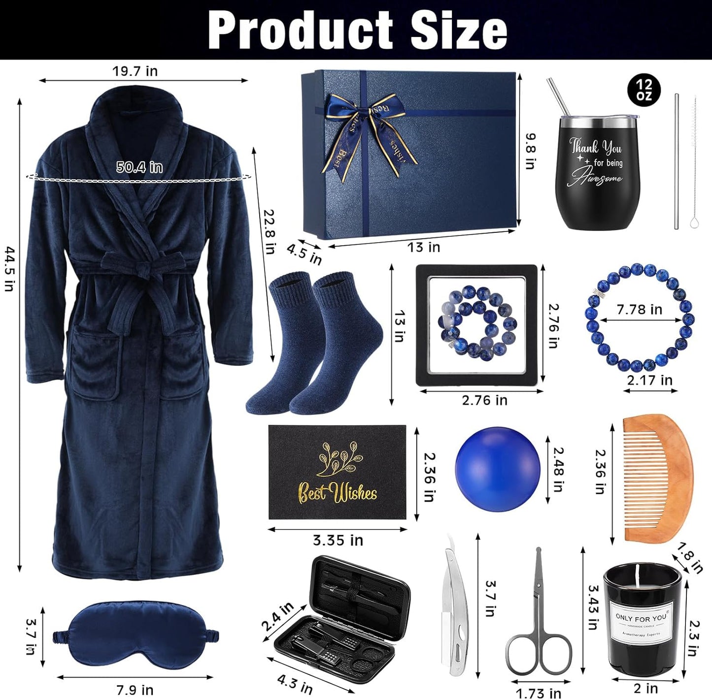 15 Pcs Birthday Gifts for Men Beard Care Set for Him Christmas Gifts Basket Ideas Kit for Men Tumbler Bath Robe for Dad Husband Boyfriend Box Christmas Gifts Baskets(Navy)