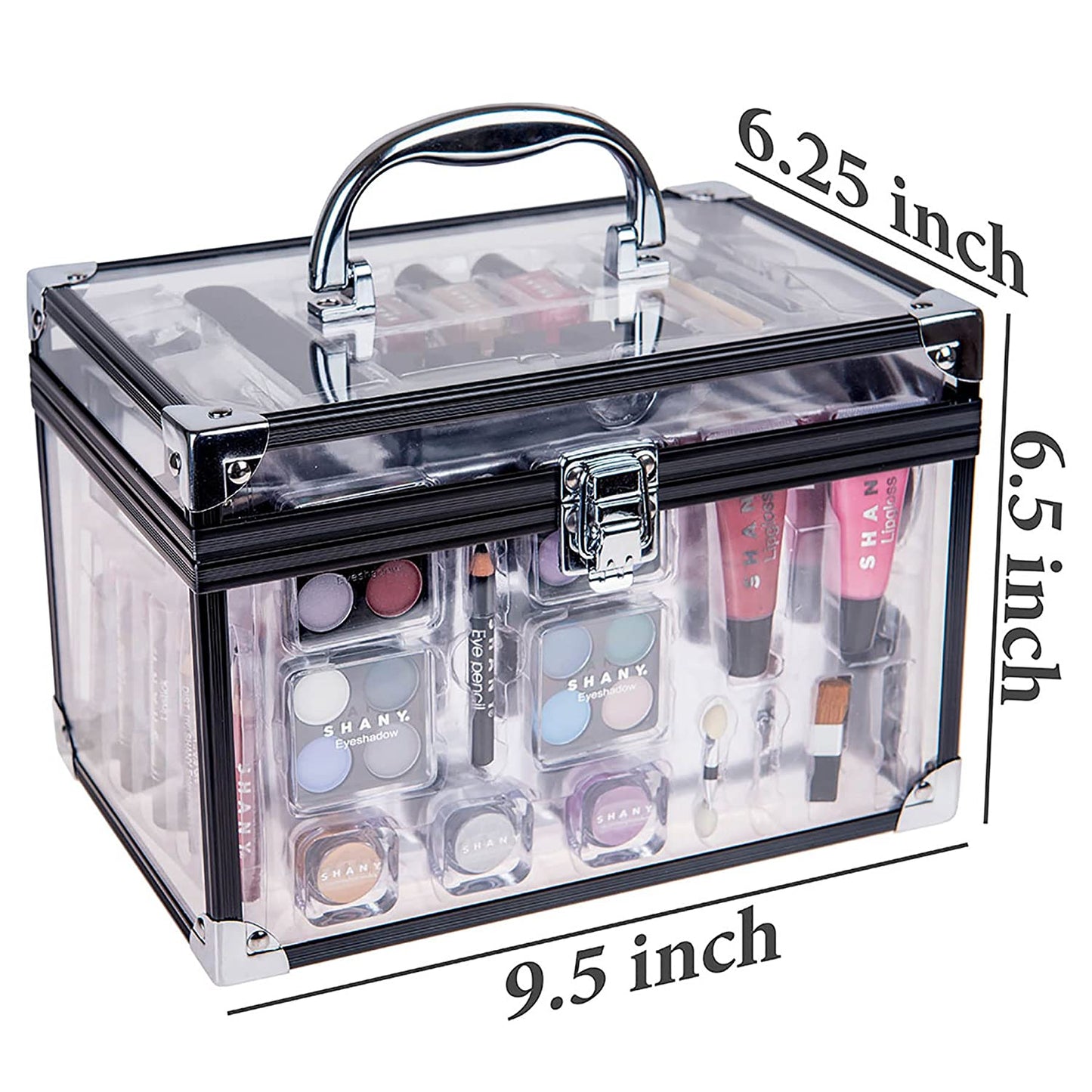 Carry All Trunk Professional Makeup Kit - Eyeshadow,Pedicure,Manicure with Black Trim Clear Case