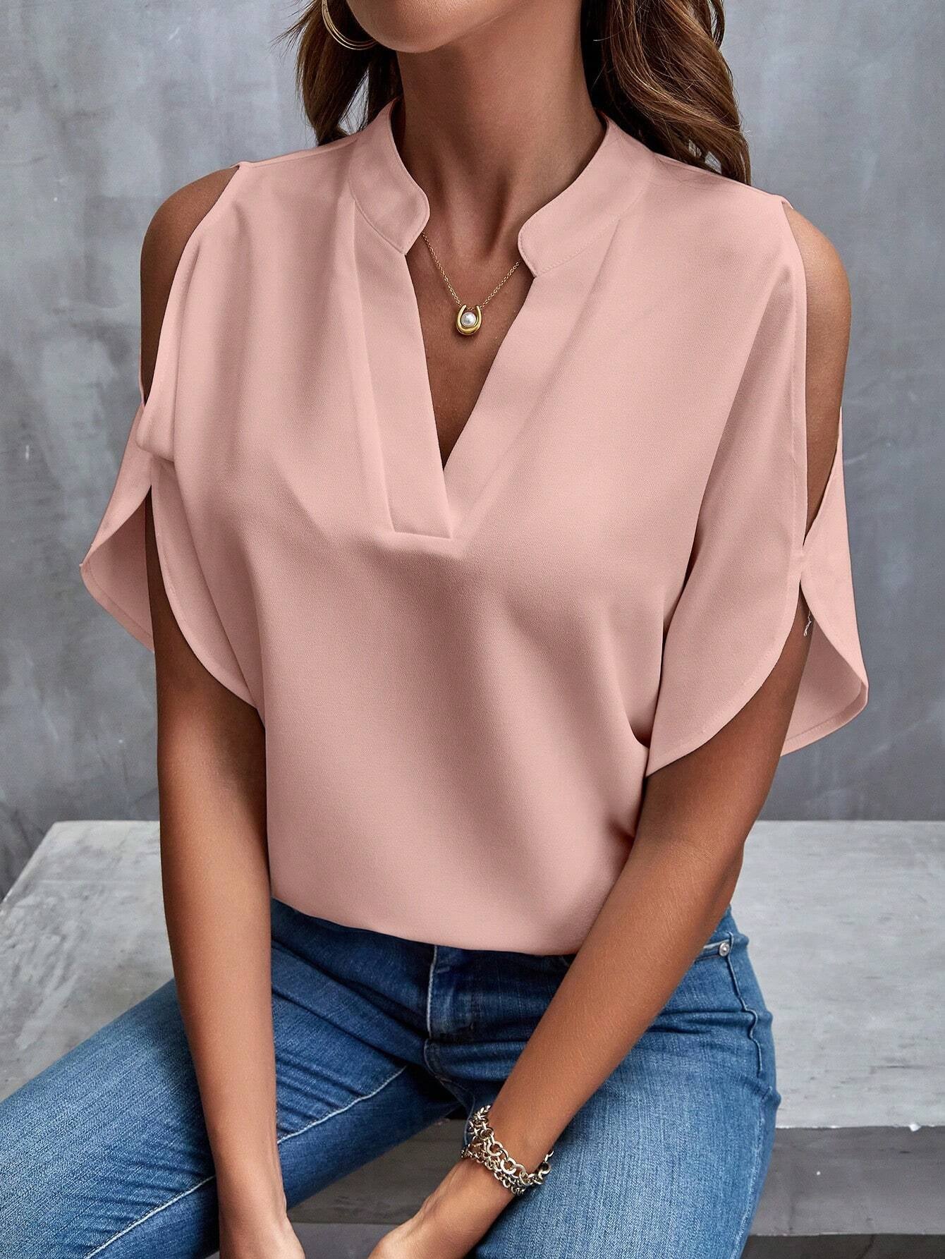 Luneh Solid Cold Shoulder Split Sleeve Popover Blouse,Short Sleeve Tops