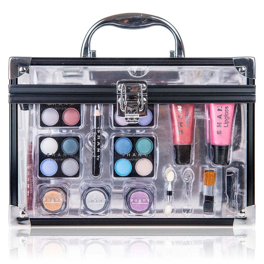 Carry All Trunk Professional Makeup Kit - Eyeshadow,Pedicure,Manicure with Black Trim Clear Case