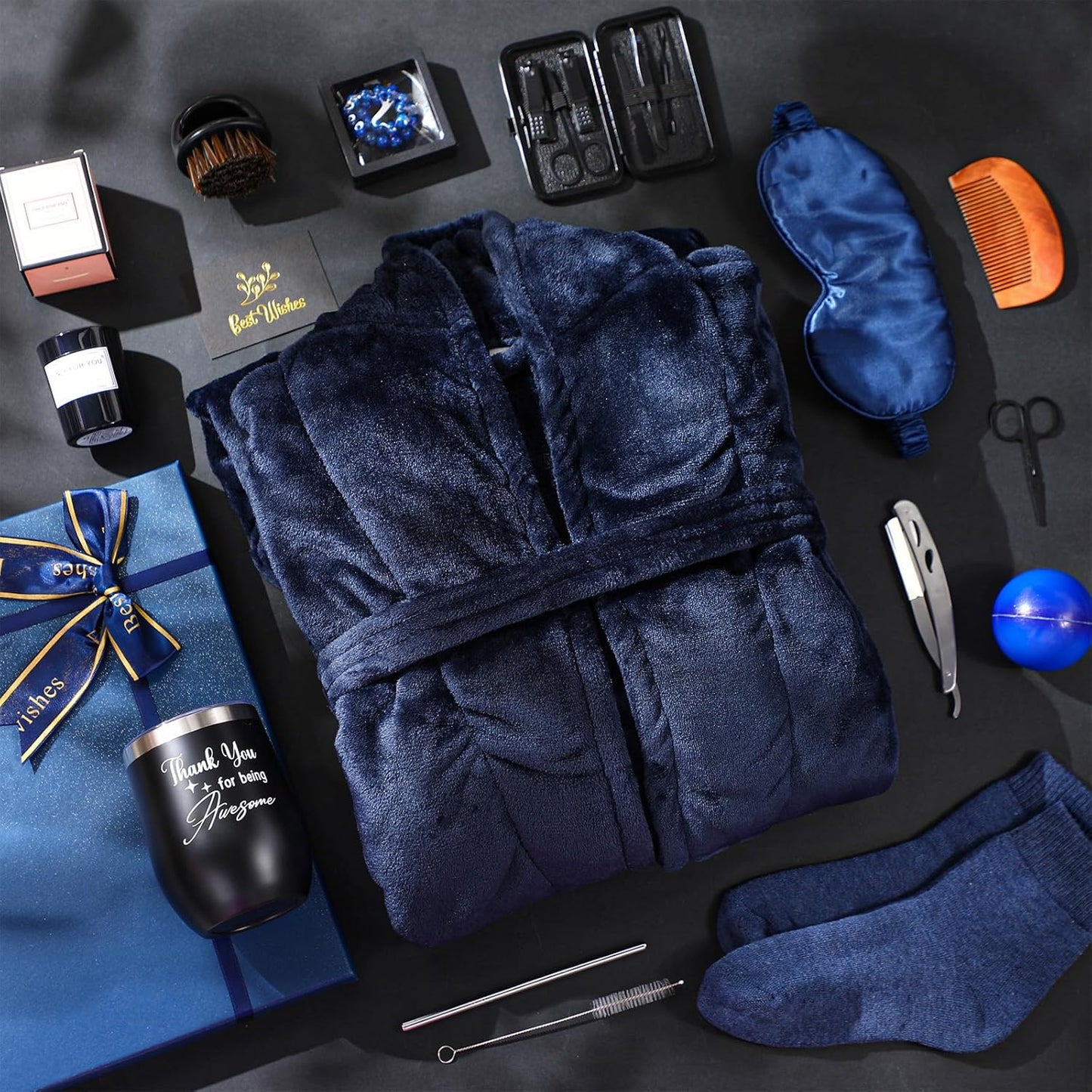 15 Pcs Birthday Gifts for Men Beard Care Set for Him Christmas Gifts Basket Ideas Kit for Men Tumbler Bath Robe for Dad Husband Boyfriend Box Christmas Gifts Baskets(Navy)
