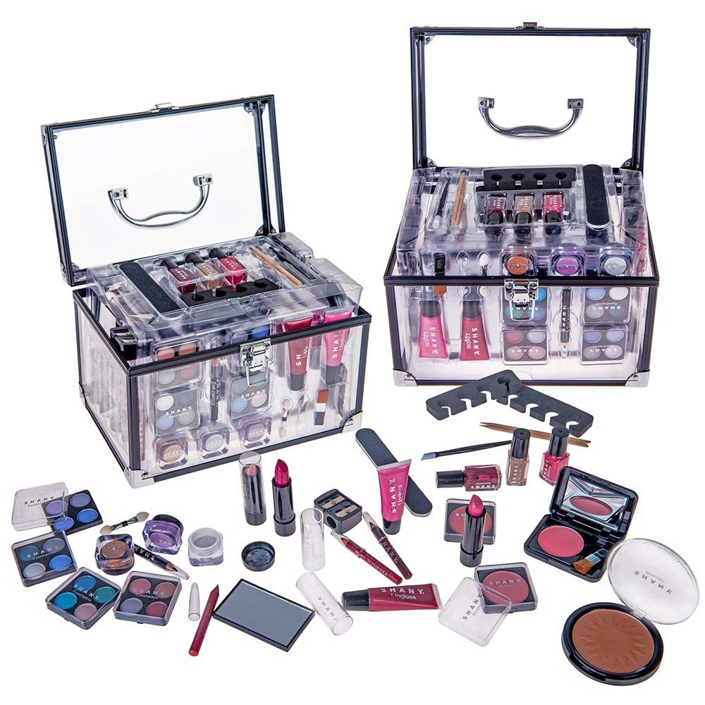 Carry All Trunk Professional Makeup Kit - Eyeshadow,Pedicure,Manicure with Black Trim Clear Case