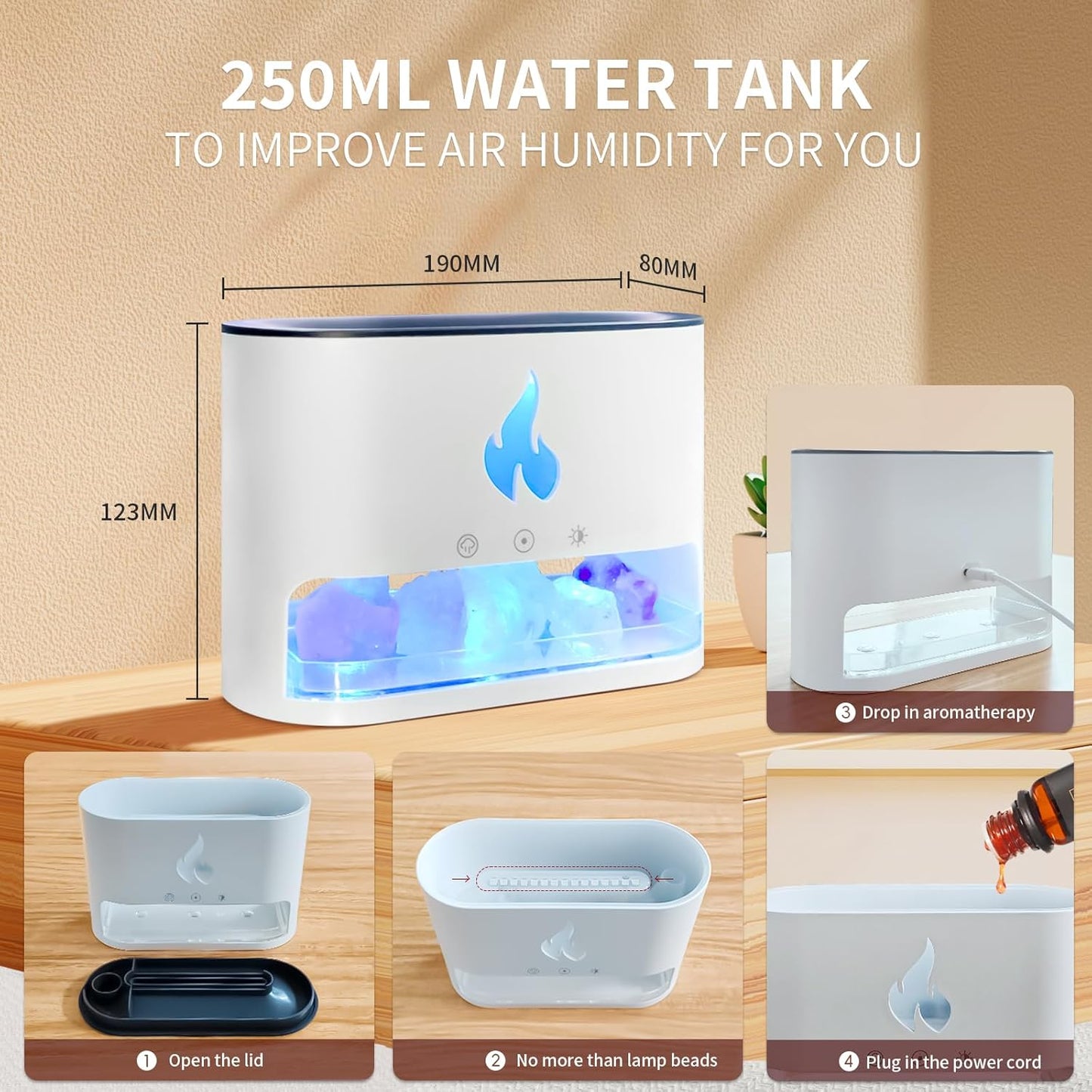Salt Lamp Diffuser 2 in 1 Flame Diffuser 250Ml Himalayan Salt Lamp Diffusers for Home Colorful Essential Oil Diffusers White Aromatherapy Diffuse (Timeable, Waterless Auto Off)