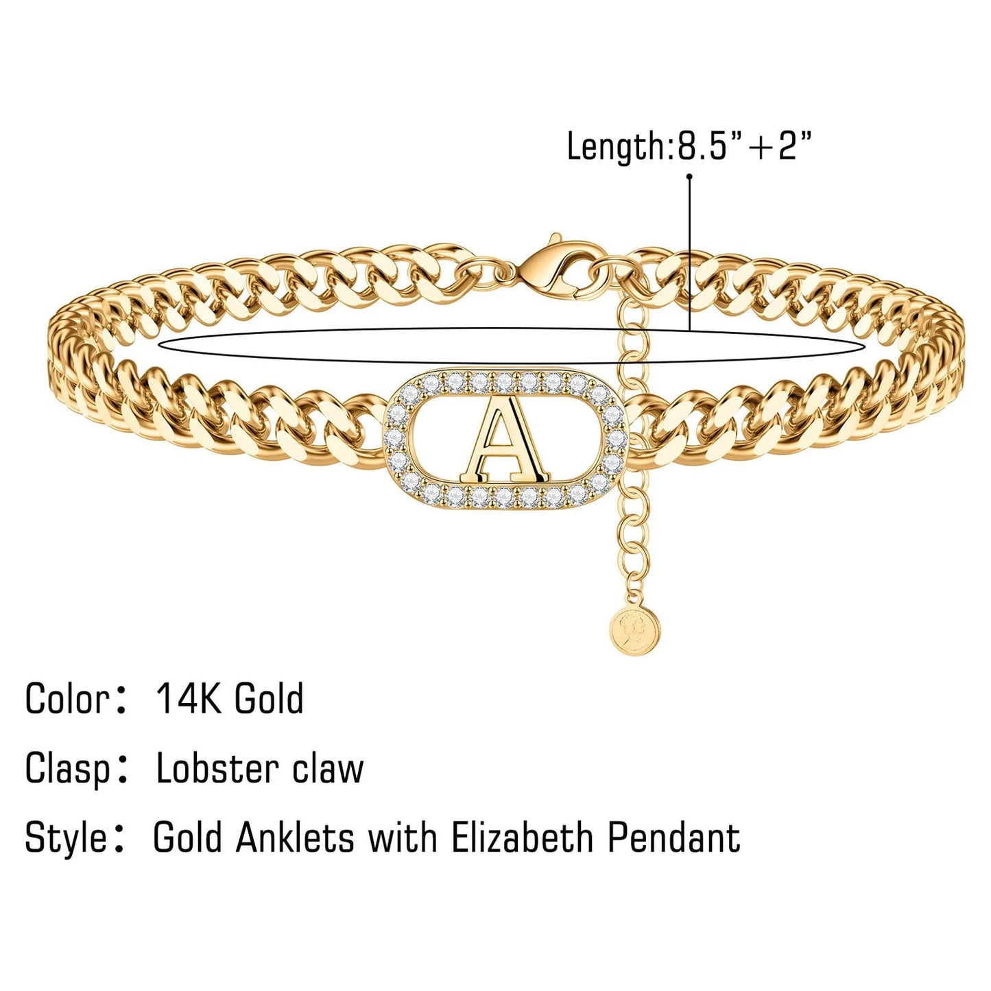 Gold Initial Ankle Bracelets for Women Dainty CZ Cuban Link Anklets Summer Gifts