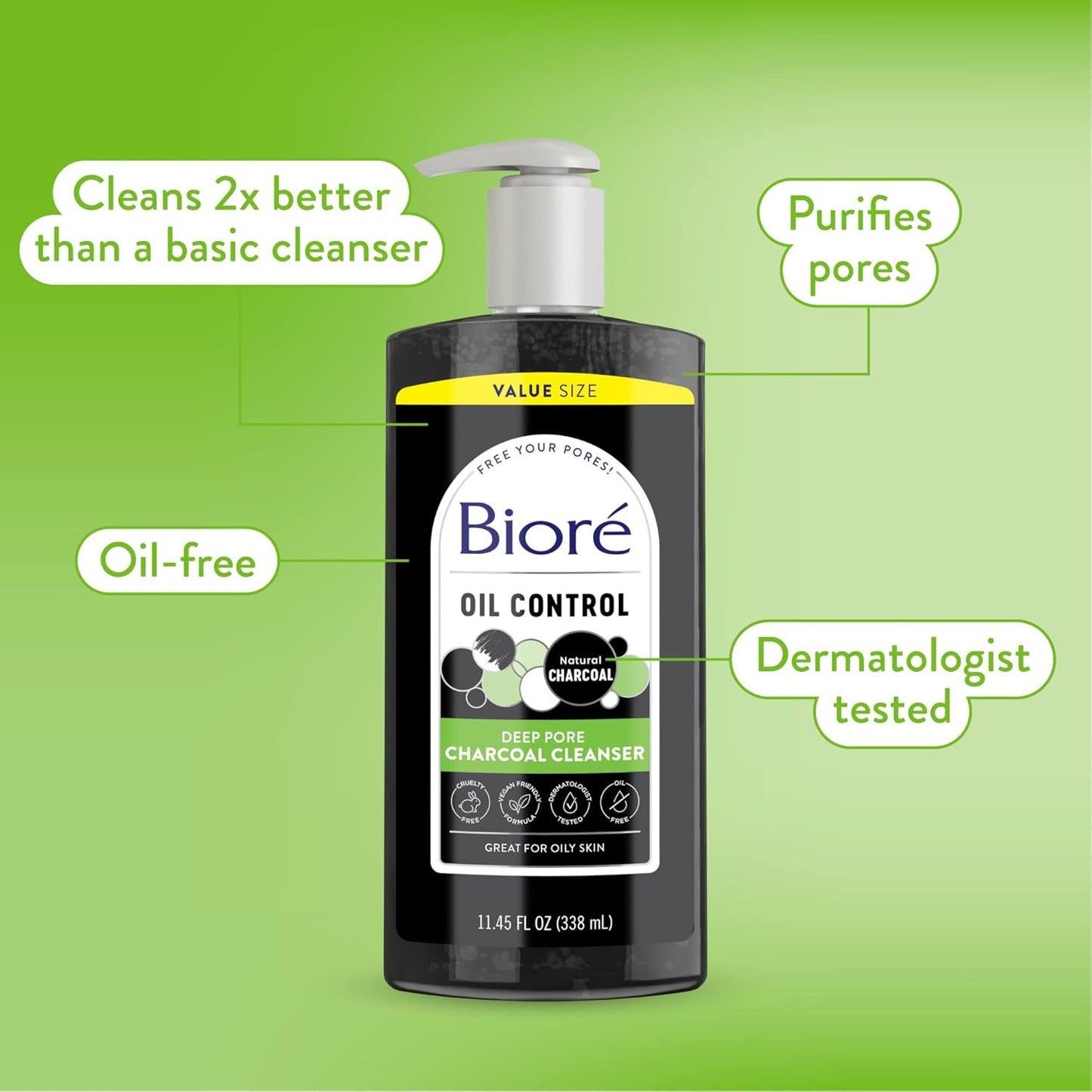 Deep Pore Charcoal Face Wash, Daily Facial Cleanser for Dirt & Makeup Removal, for Oily Skin, Value Size, 11.45 Fl Oz