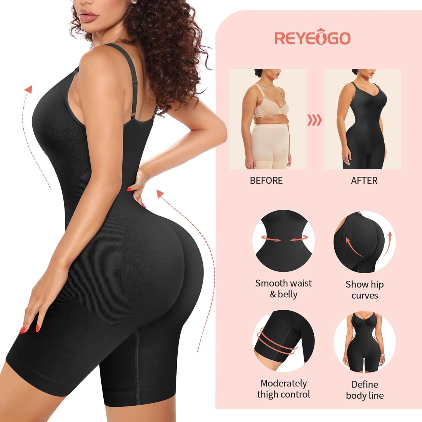 Women Seamless V Neck Bodysuit Tops Slim Fit Full Body Shaper Comfort Shapewear Butt Lifter Leotard Stretchy Jumpsuit (Black, Medium/Large)
