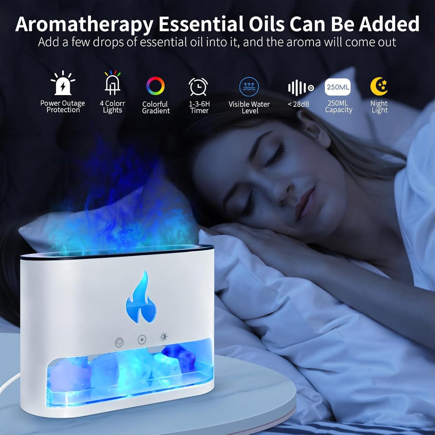 Salt Lamp Diffuser 2 in 1 Flame Diffuser 250Ml Himalayan Salt Lamp Diffusers for Home Colorful Essential Oil Diffusers White Aromatherapy Diffuse (Timeable, Waterless Auto Off)