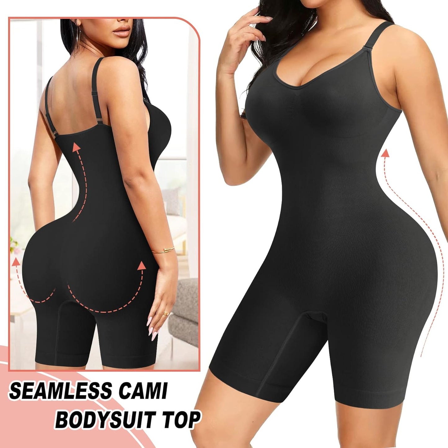 Women Seamless V Neck Bodysuit Tops Slim Fit Full Body Shaper Comfort Shapewear Butt Lifter Leotard Stretchy Jumpsuit (Black, Medium/Large)