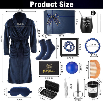 15 Pcs Birthday Gifts for Men Beard Care Set for Him Christmas Gifts Basket Ideas Kit for Men Tumbler Bath Robe for Dad Husband Boyfriend Box Christmas Gifts Baskets(Navy)