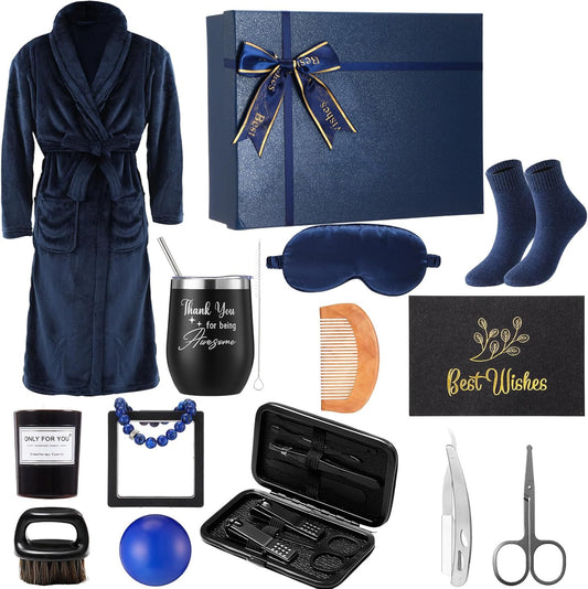 15 Pcs Birthday Gifts for Men Beard Care Set for Him Christmas Gifts Basket Ideas Kit for Men Tumbler Bath Robe for Dad Husband Boyfriend Box Christmas Gifts Baskets(Navy)