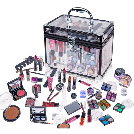 Carry All Trunk Professional Makeup Kit - Eyeshadow,Pedicure,Manicure with Black Trim Clear Case