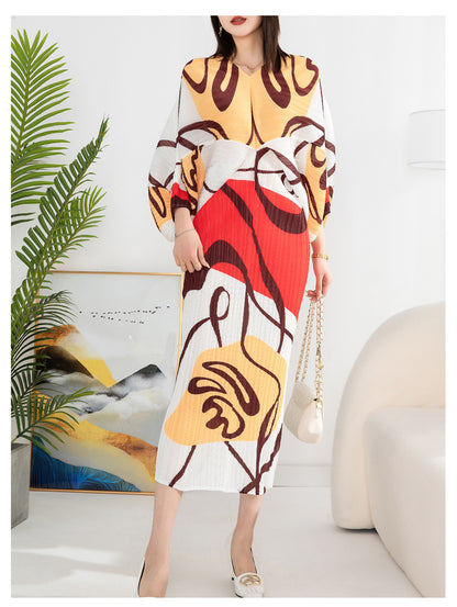 Women'S Temperament Pleated Print Batwing Sleeve Dress