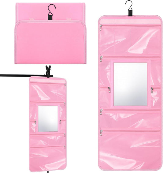 Dance Hanging Mirror Hanging Toiletry Bag with Mirror Travel Foldable Beauty Dance Makeup Bag Backstage Cosmetic Storage Organizer for Traveling Dancers Artists Home Spa(Pink)