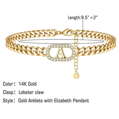 Gold Initial Ankle Bracelets for Women Dainty CZ Cuban Link Anklets Summer Gifts