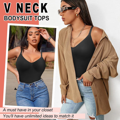 Women Seamless V Neck Bodysuit Tops Slim Fit Full Body Shaper Comfort Shapewear Butt Lifter Leotard Stretchy Jumpsuit (Black, Medium/Large)