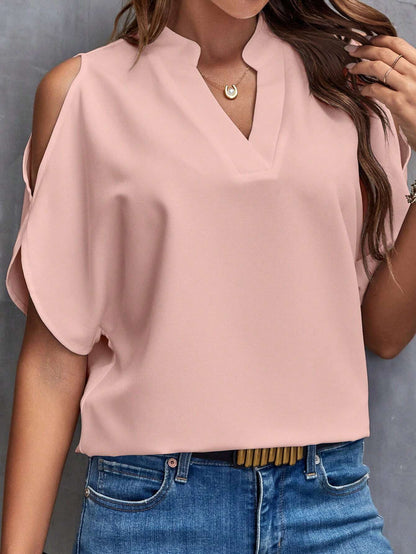 Luneh Solid Cold Shoulder Split Sleeve Popover Blouse,Short Sleeve Tops