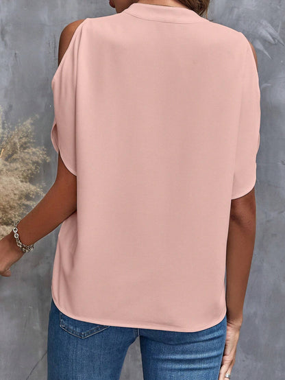 Luneh Solid Cold Shoulder Split Sleeve Popover Blouse,Short Sleeve Tops