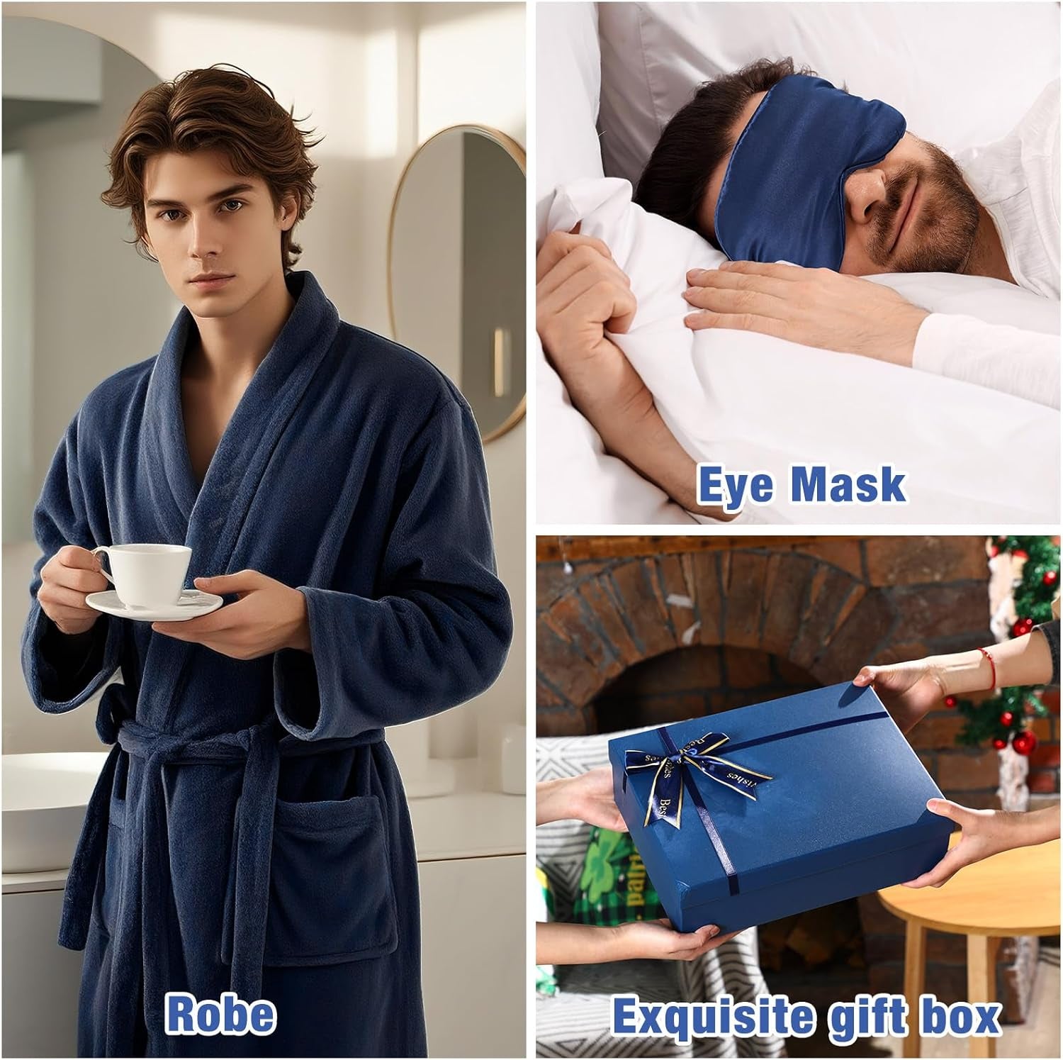 15 Pcs Birthday Gifts for Men Beard Care Set for Him Christmas Gifts Basket Ideas Kit for Men Tumbler Bath Robe for Dad Husband Boyfriend Box Christmas Gifts Baskets(Navy)